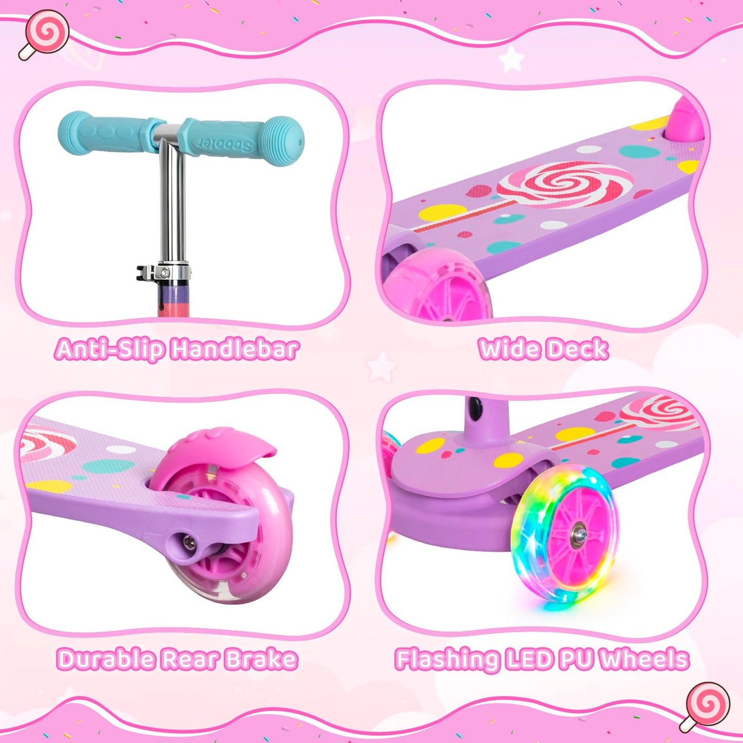 Nattork 3-Wheel Scooters Toddler Scooter Adjustable Height Kick Rainbow DEMO