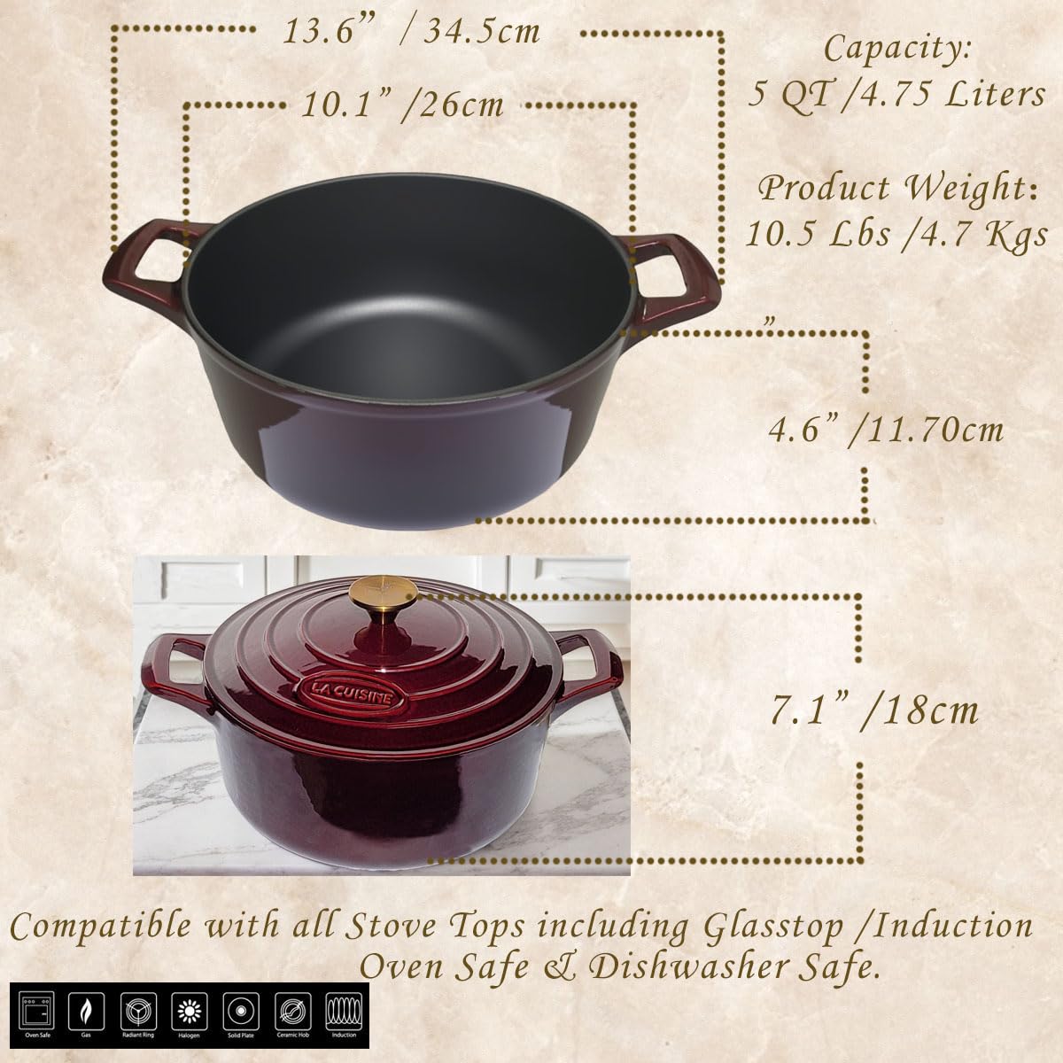 La Cuisine Enameled Cast Iron Dutch Oven Casserole Dish Pot 26cm Round 5QT DEMO