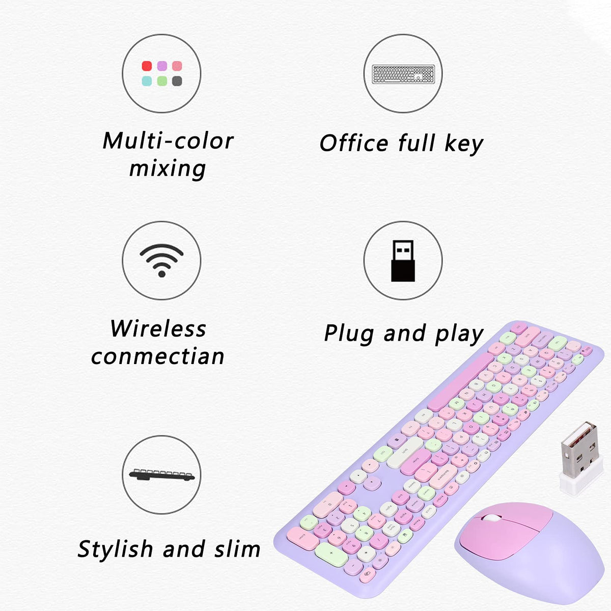 Jectse Retro Style Ergonomic Wireless Keyboard and Mouse Set Purple Mixed NEW