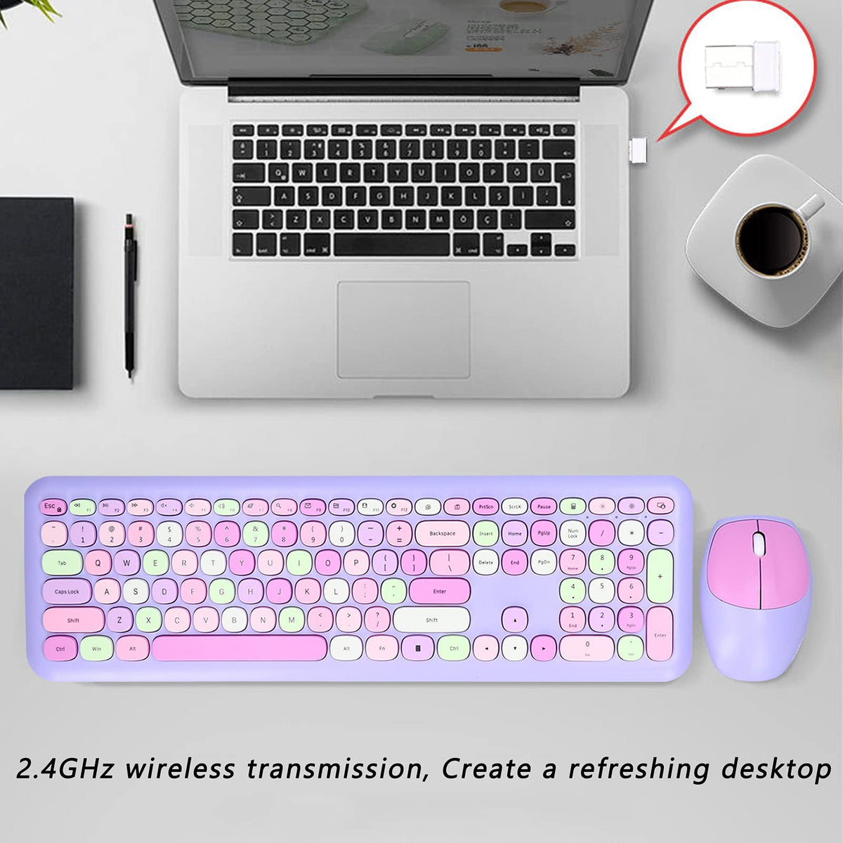 Jectse Retro Style Ergonomic Wireless Keyboard and Mouse Set Purple Mixed NEW
