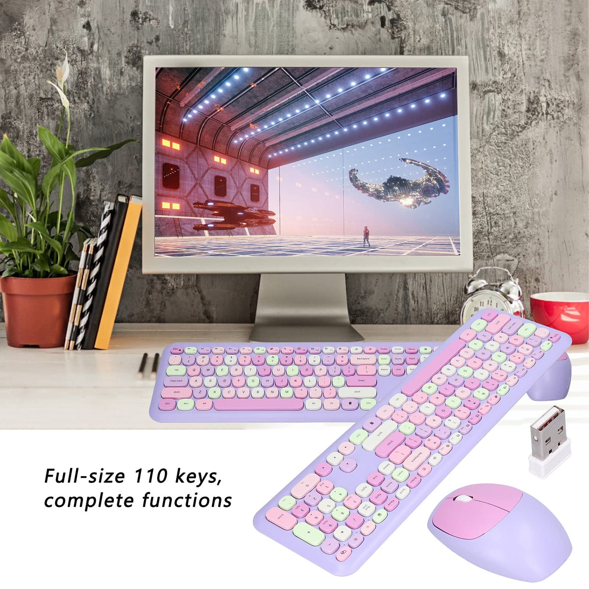 Jectse Retro Style Ergonomic Wireless Keyboard and Mouse Set Purple Mixed NEW