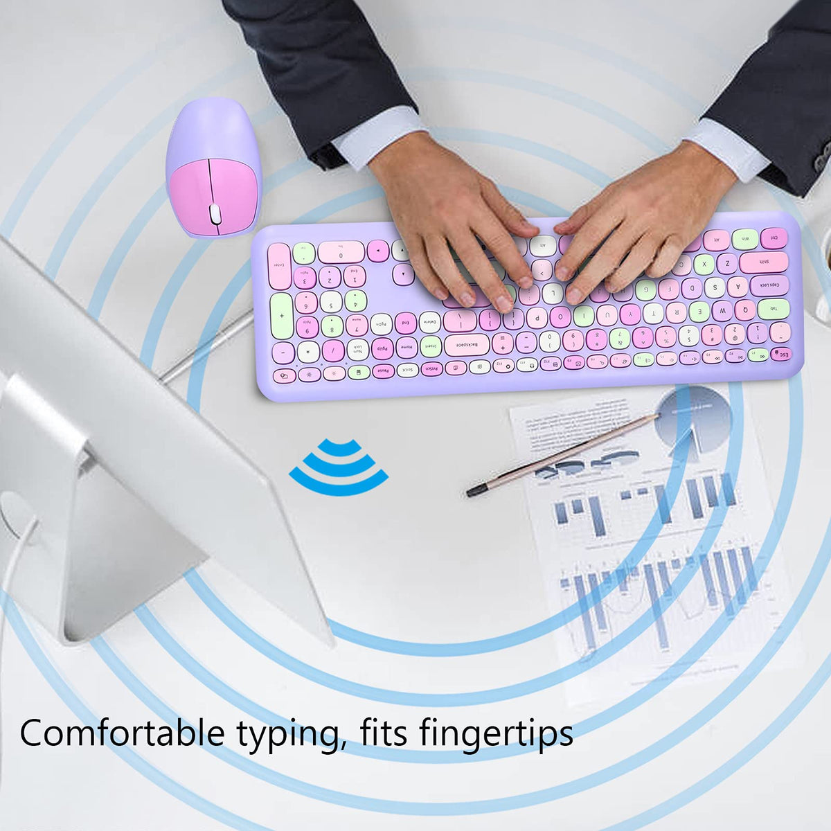 Jectse Retro Style Ergonomic Wireless Keyboard and Mouse Set Purple Mixed NEW
