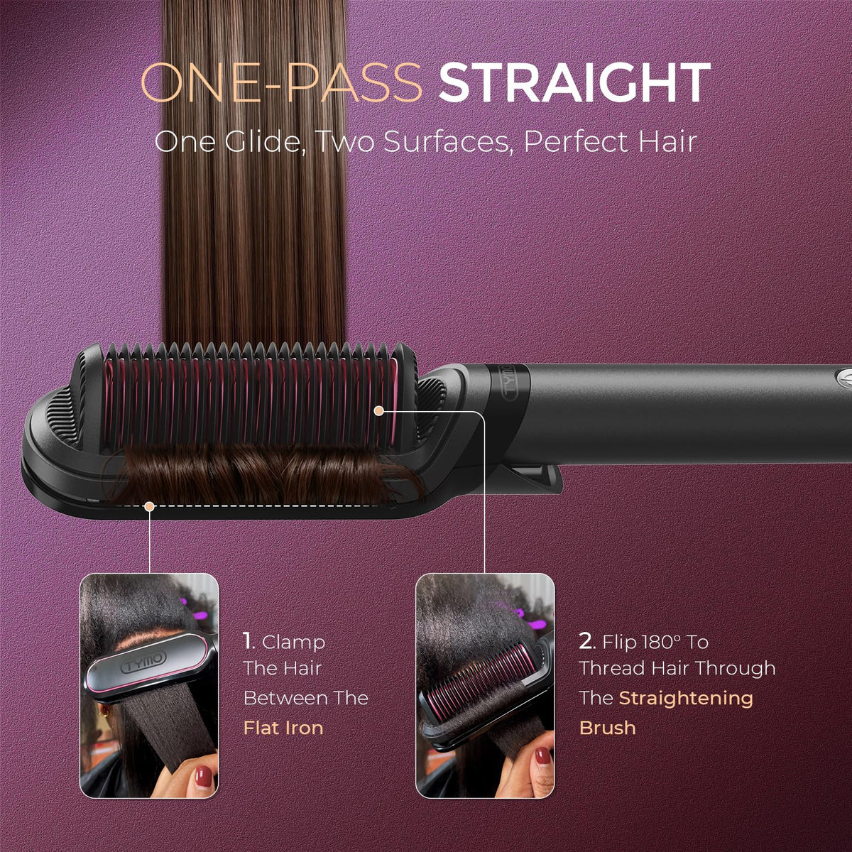 TYMO 2-in-1 Hair Straightener Brush with 200M Ions for Smooth Styling Black NEW