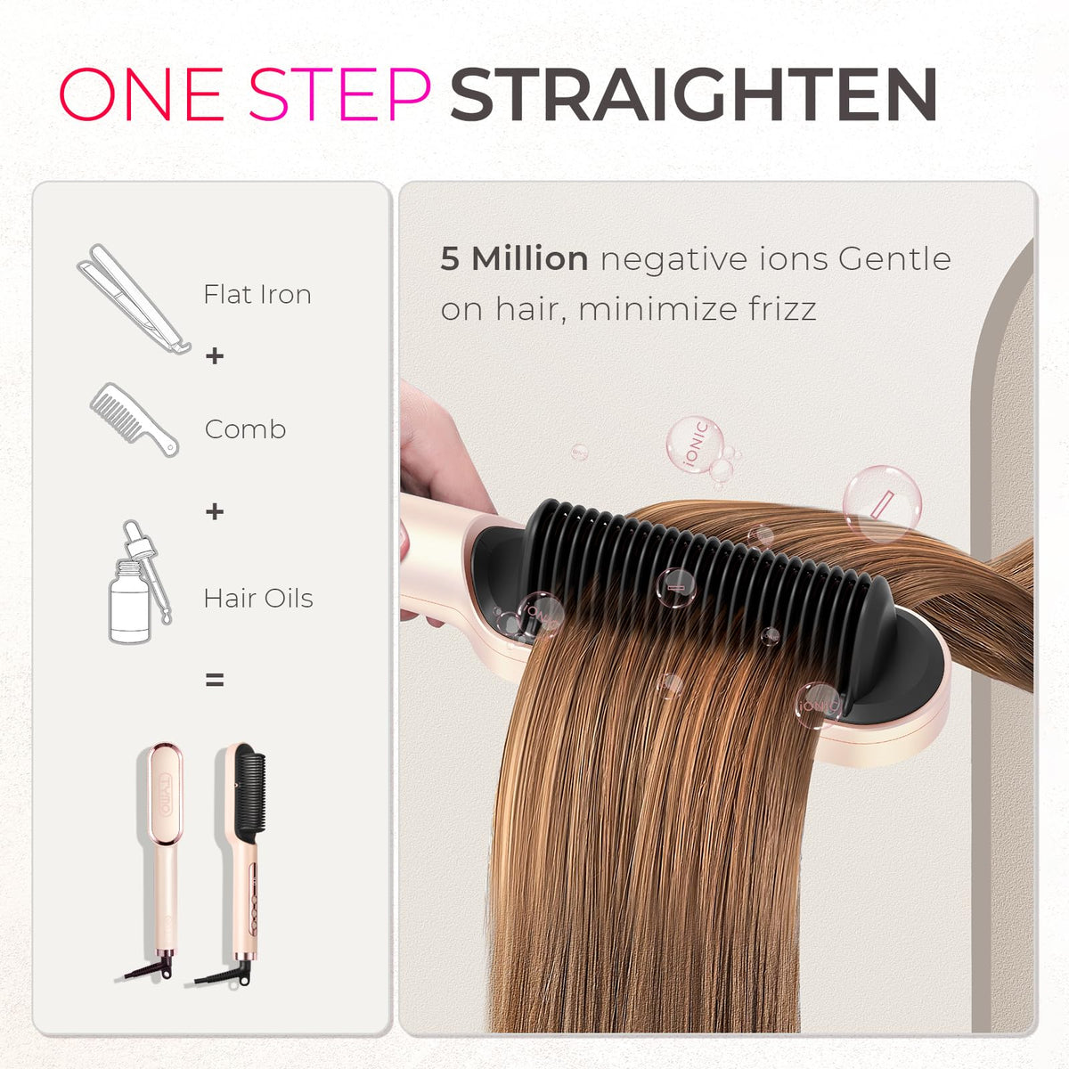 TYMO Gold Blush Hair Straightener Brush with Ionic Styling for One Size NEW