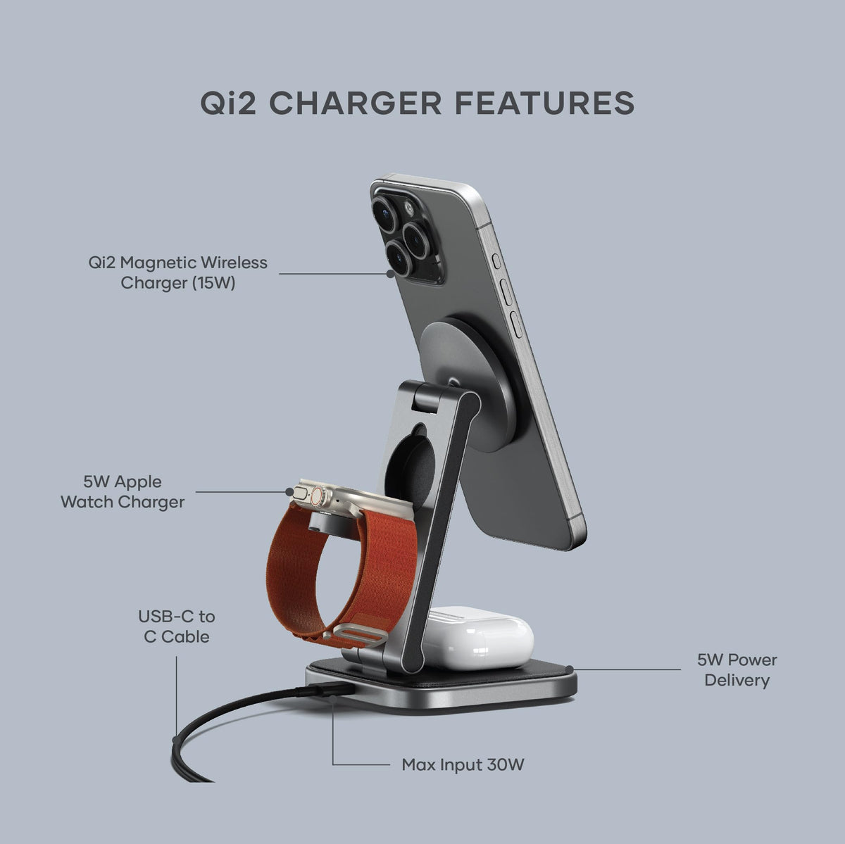 Satechi 3-in-1 Induction Chargers Qi2 Wireless Charging Stand for Apple NEW