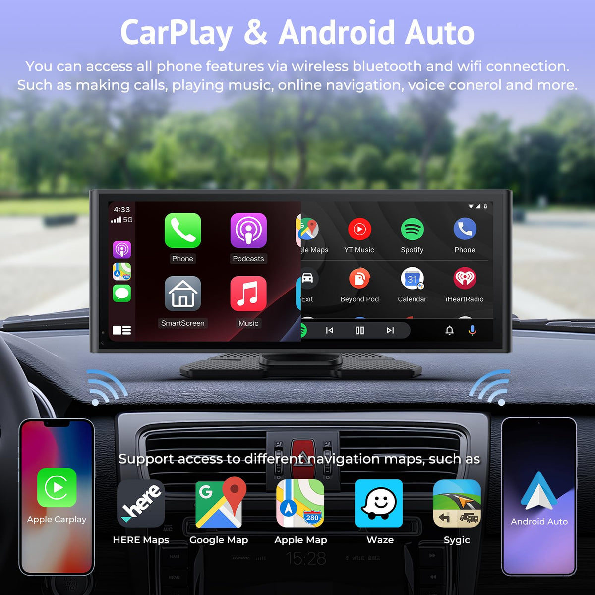 Wonsidary 10.26" Video HD IPS Wireless Carplay & Android Auto Screen for Car NEW
