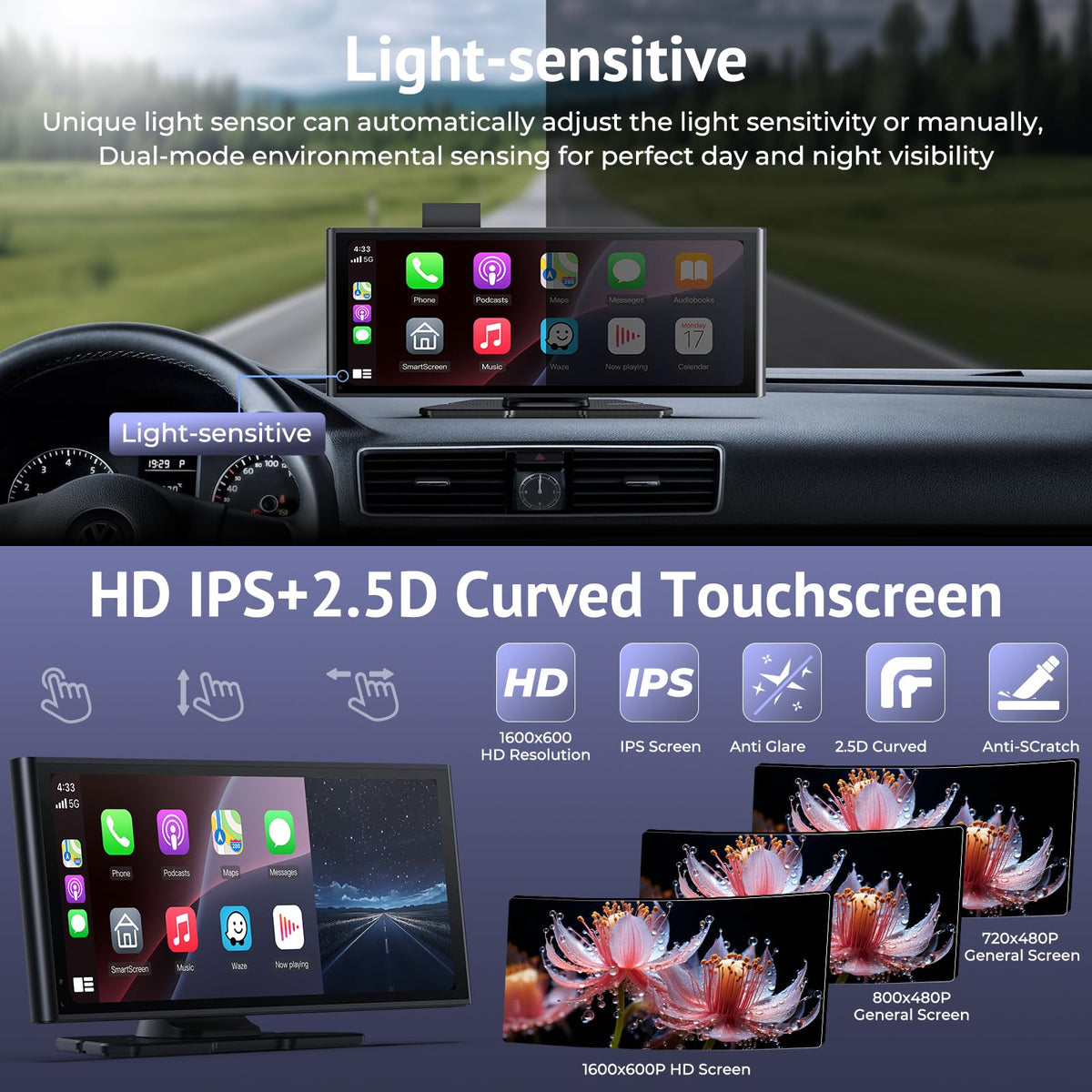 Wonsidary 10.26" Video HD IPS Wireless Carplay & Android Auto Screen for Car NEW