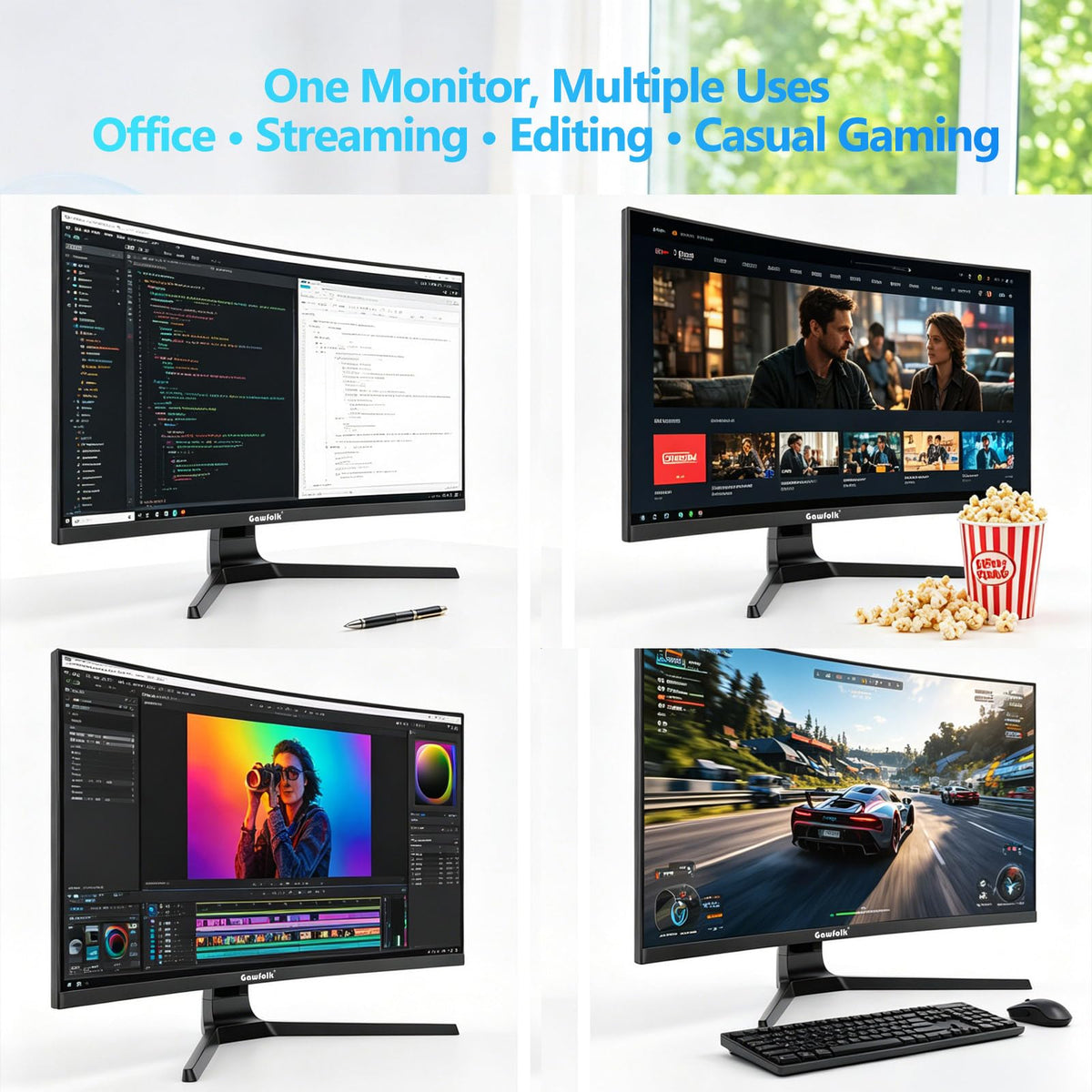 Gawfolk 32 Monitors Inch 4K Curved Monitor 60Hz UHD 3840x2160 Black DEMO