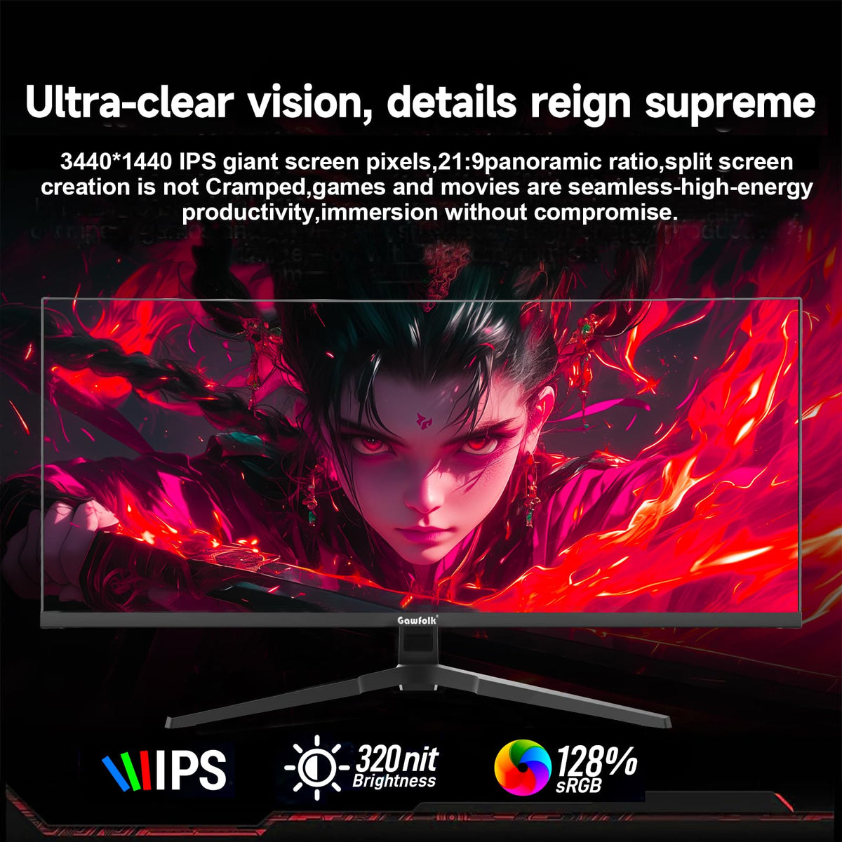 Gawfolk 34 Monitors Inch Ultrawide Gaming Monitor 165Hz UWQHD Black DEMO