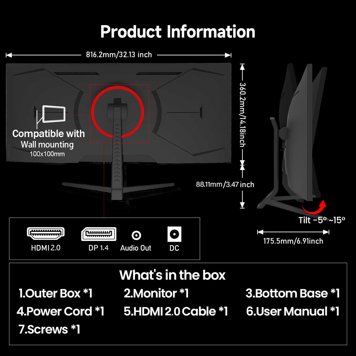 Gawfolk 34 Monitors Inch Ultrawide Gaming Monitor 165Hz UWQHD Black DEMO