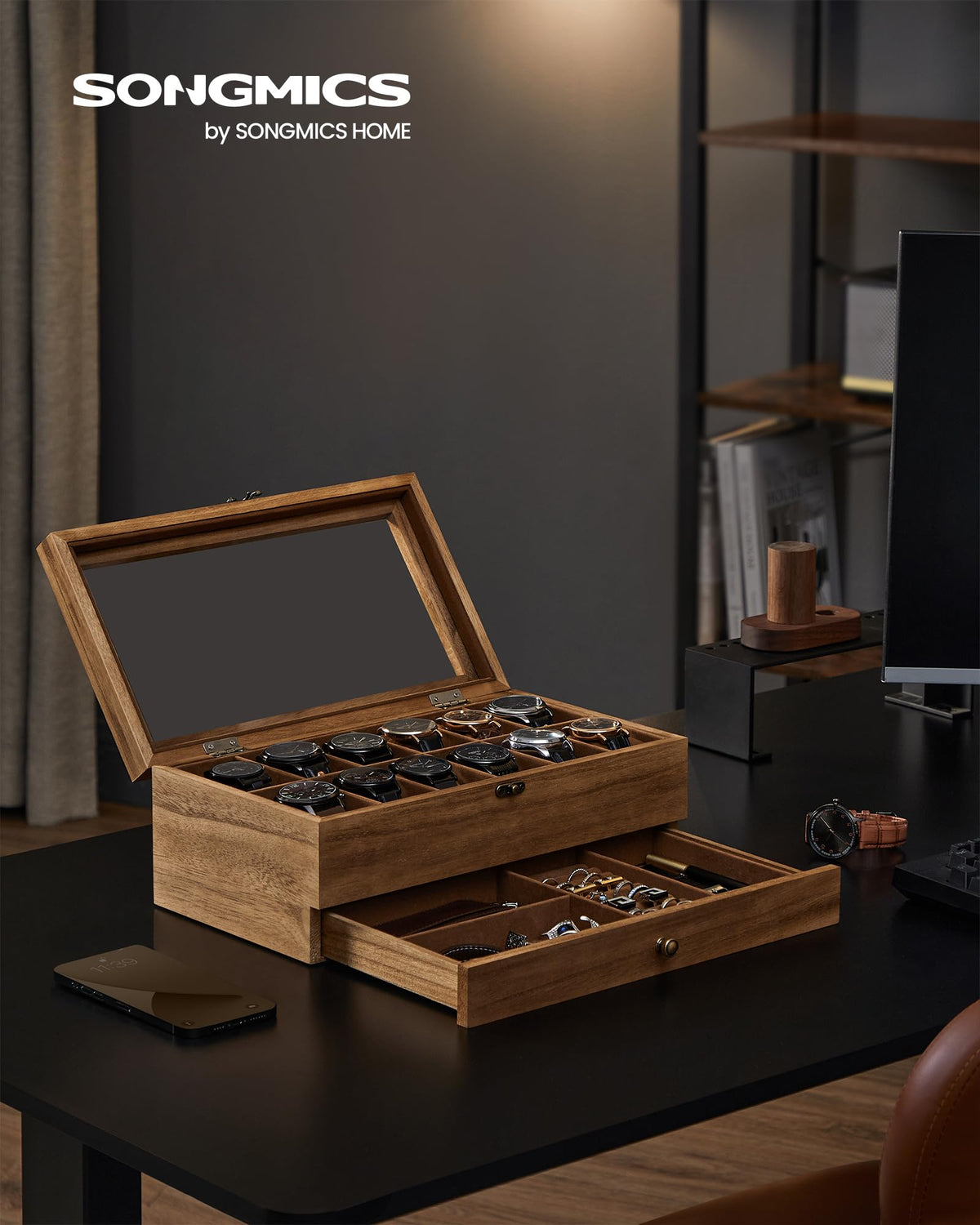 SONGMICS Mens Wooden Watch Box 12 Slots Rustic Walnut Organizer DEMO