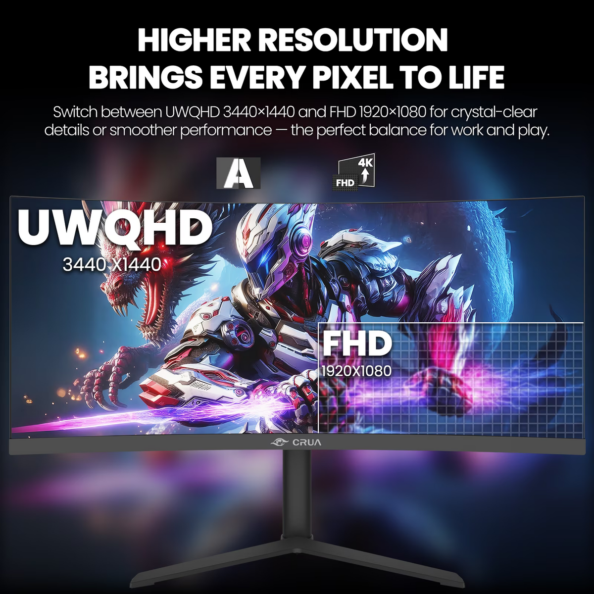 CRUA 34 Monitors Inch Ultrawide Gaming Monitor 3440x1440 165Hz Black DEMO