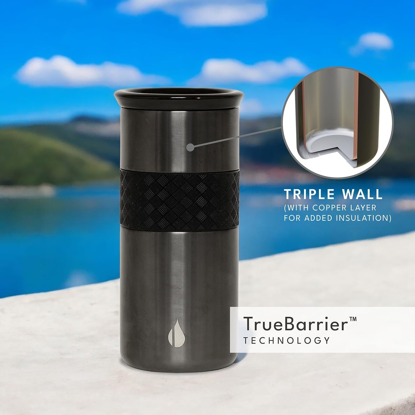 Elemental 16oz Insulated Cup Coffee Tumbler Stainless Steel Gunmetal Black NEW