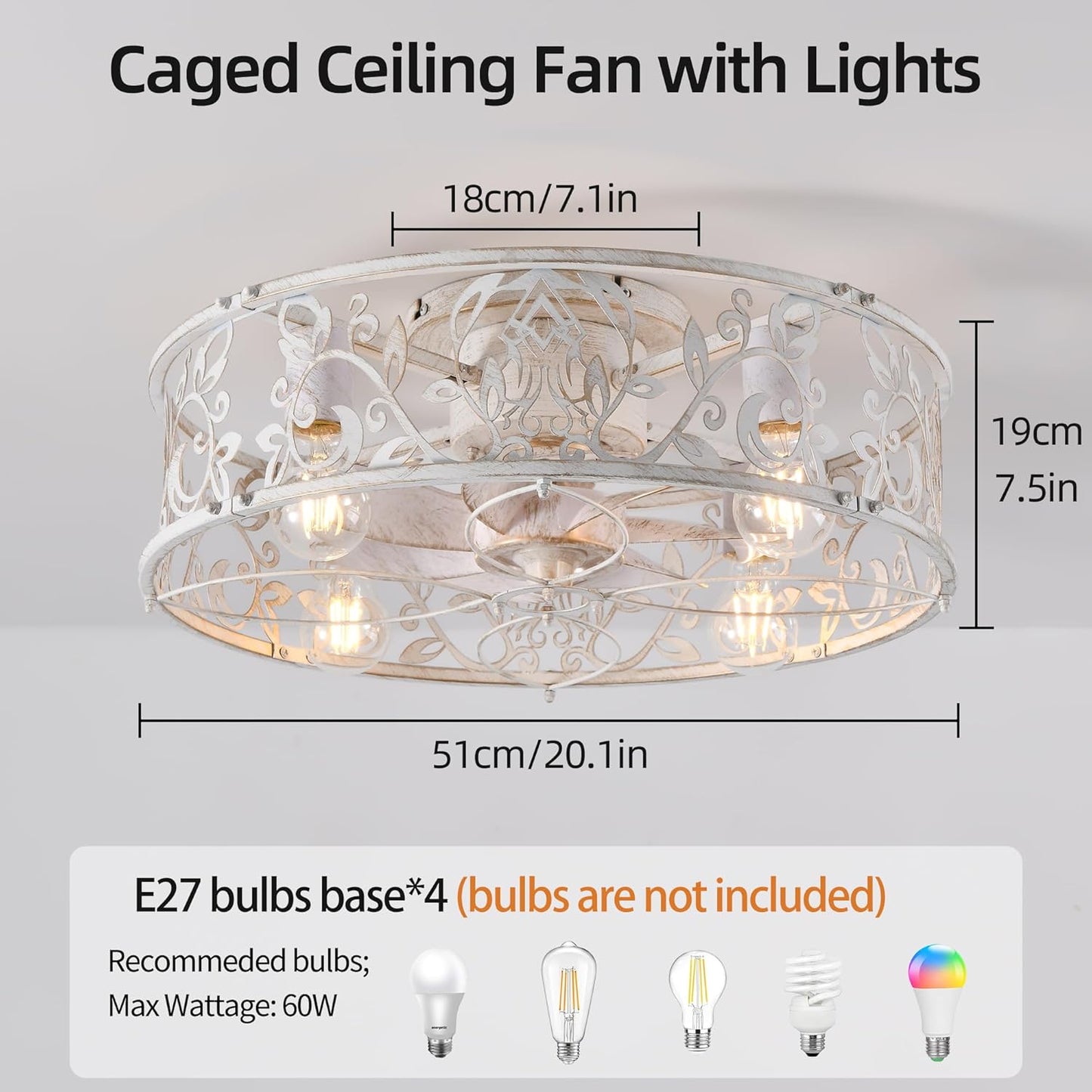 Caged Lights Ceiling Fan with Light 20 Inch Flush Mount Remote Control Size NEW