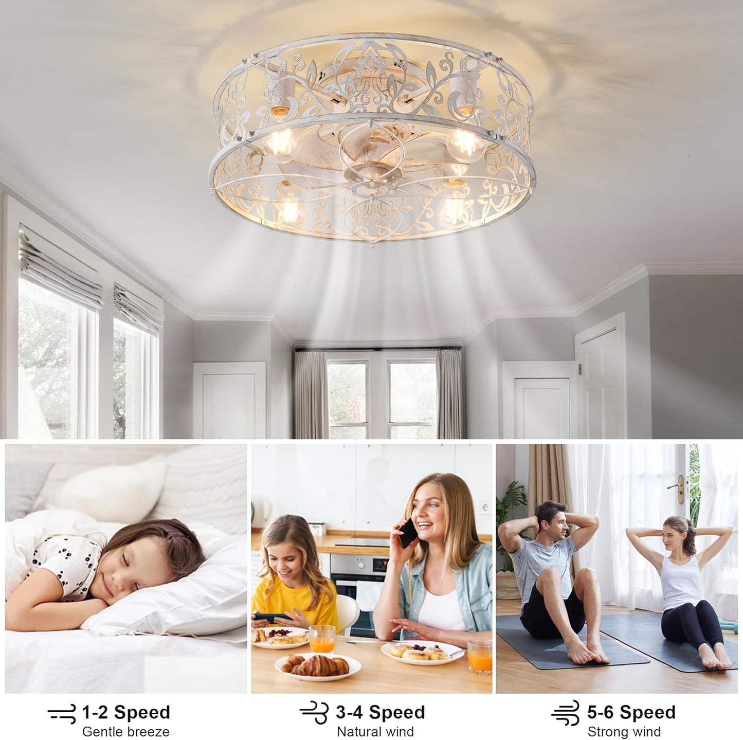 Caged Lights Ceiling Fan with Light 20 Inch Flush Mount Remote Control Size NEW