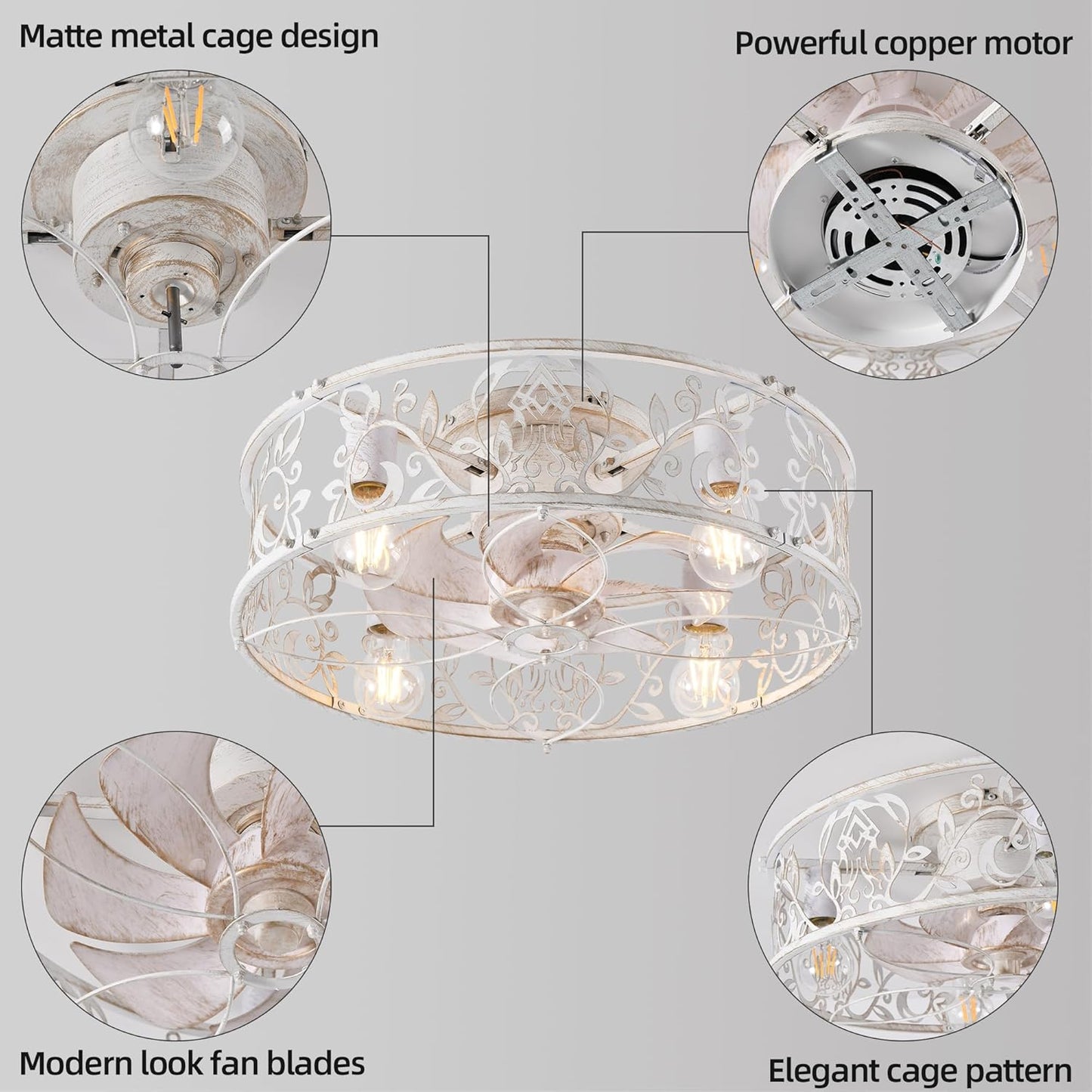 Caged Lights Ceiling Fan with Light 20 Inch Flush Mount Remote Control Size NEW