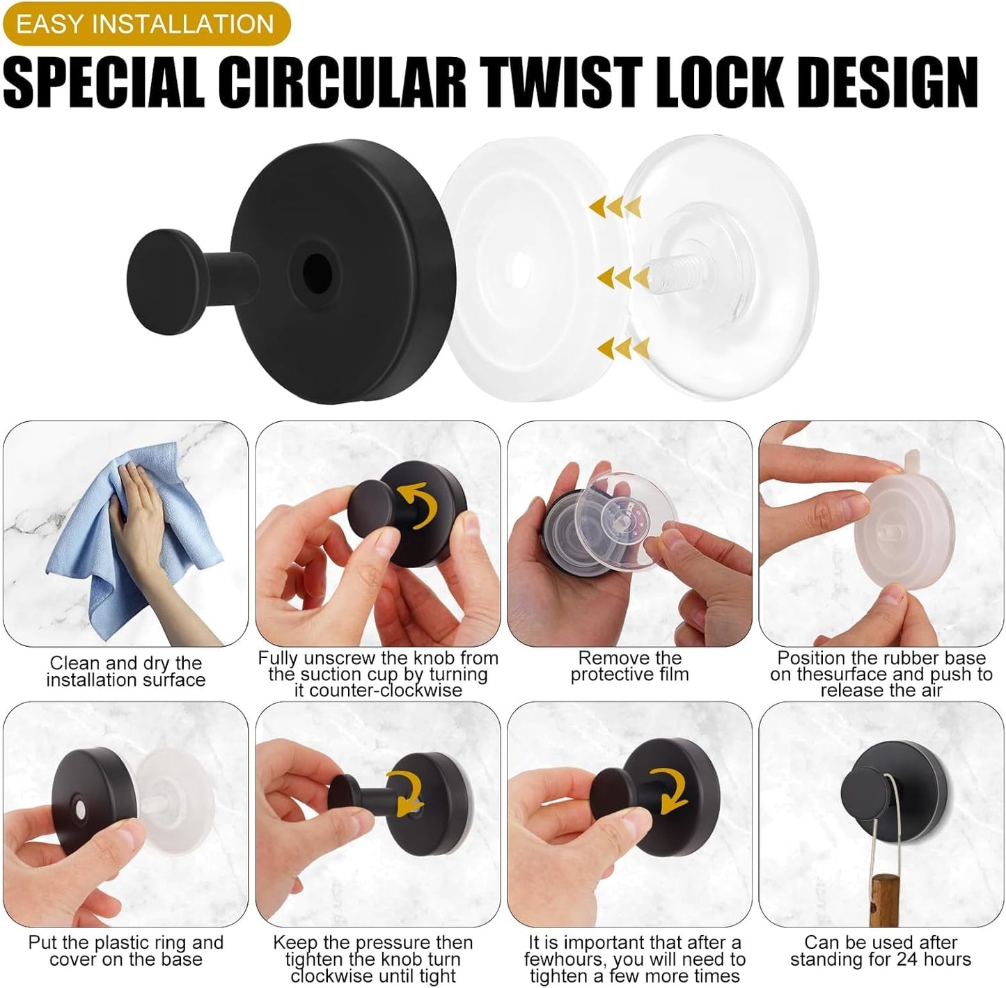Strong Suction Cup Shower Robe & Towel Hooks, Black, 4-Pack Size 4pcs NEW