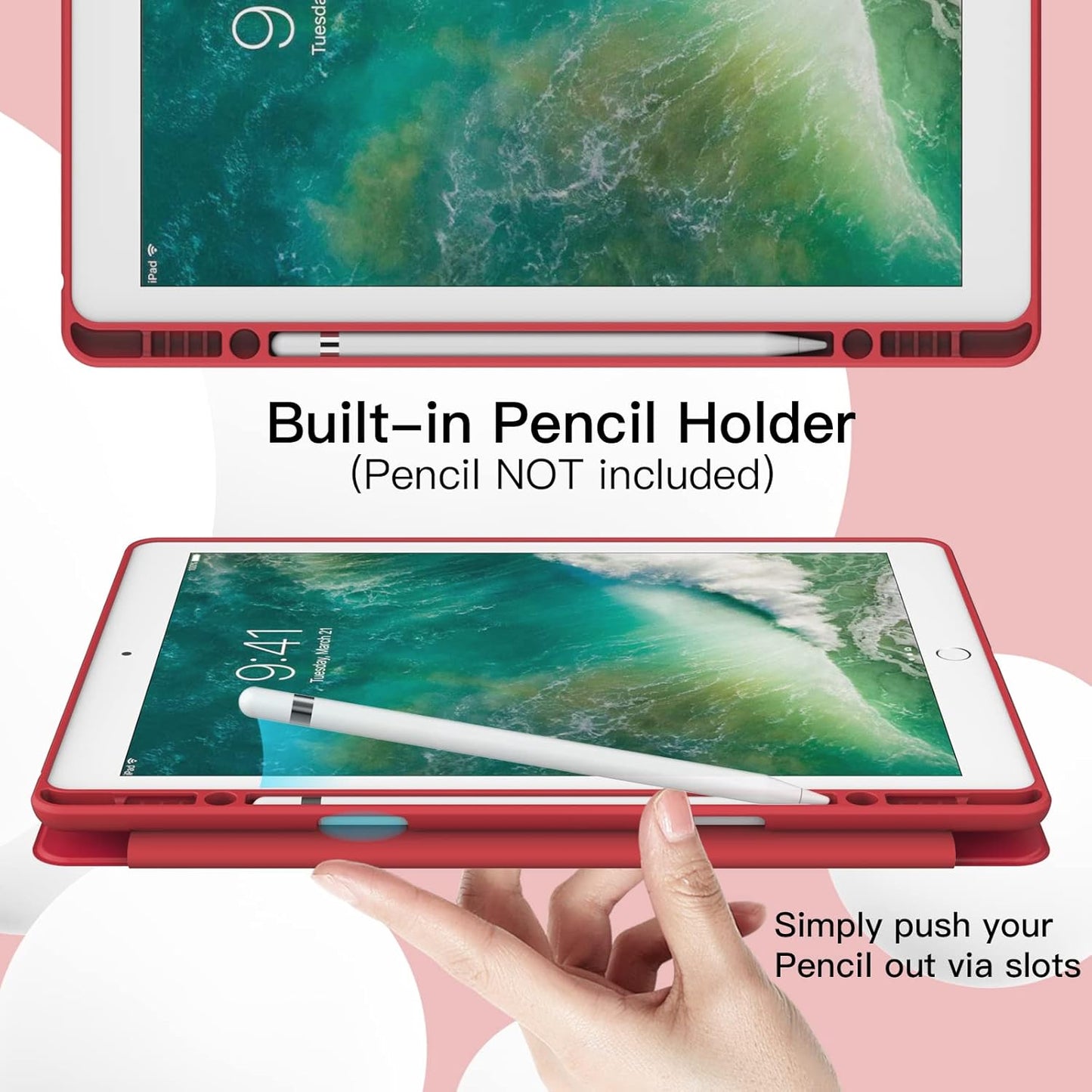 JETech iPad Tablet Cases Pro 12.9" Tablet Case with Pencil Holder, Red NEW