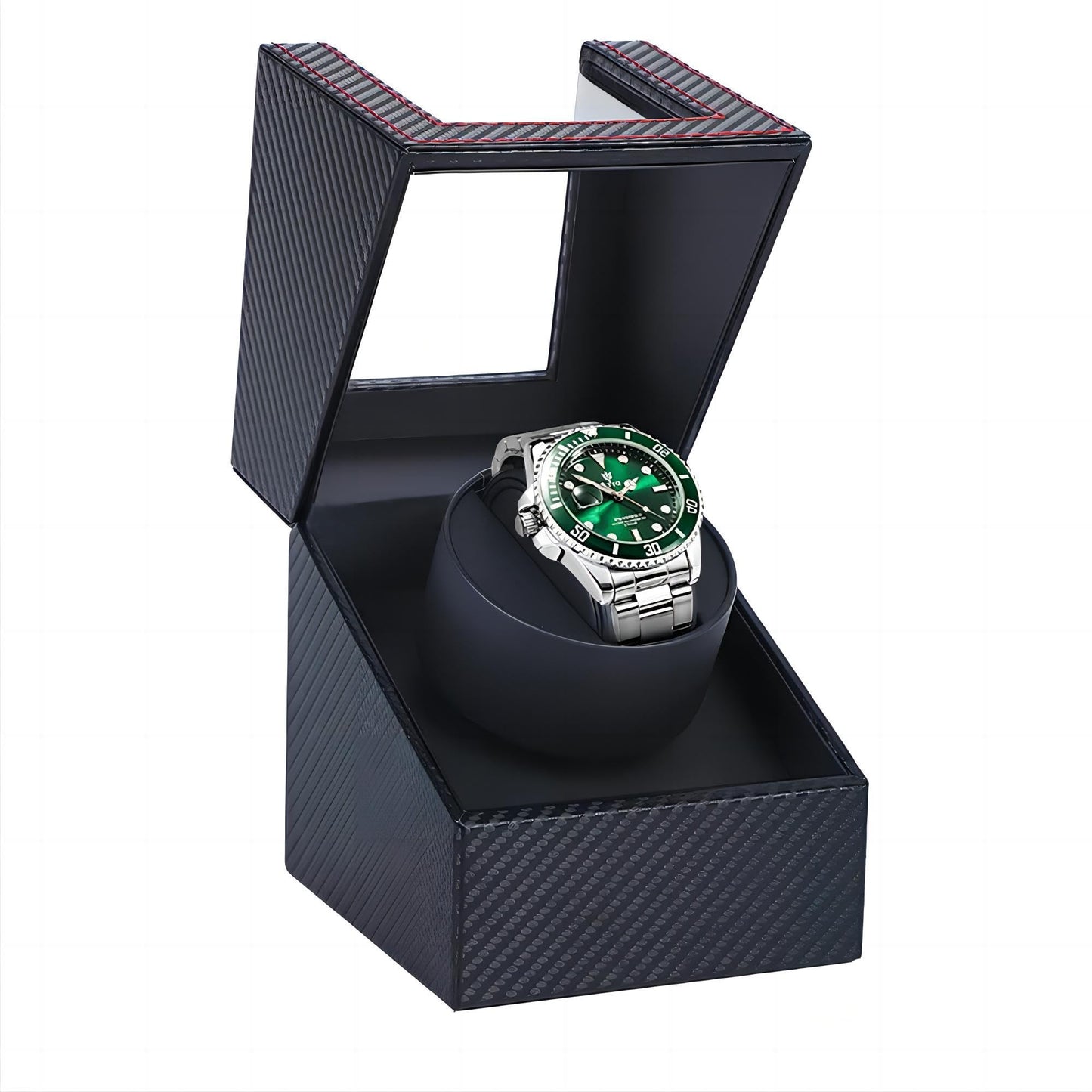 Automatic Single Winder Leather Black Carbon Fiber Watch Box 13x12x14cm NEW