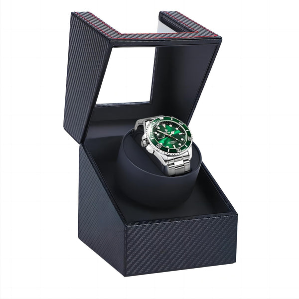 Automatic Single Winder Leather Black Carbon Fiber Watch Box 13x12x14cm NEW