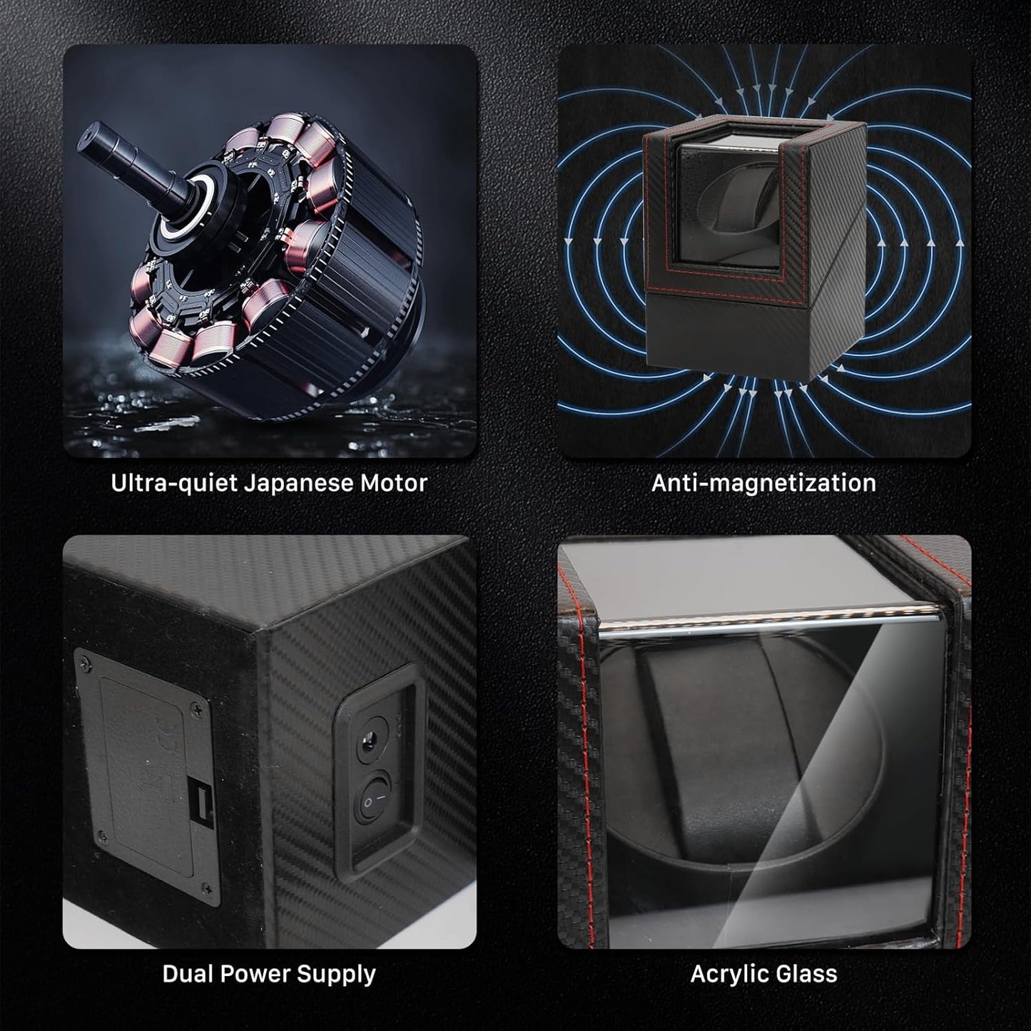 Automatic Single Winder Leather Black Carbon Fiber Watch Box 13x12x14cm NEW