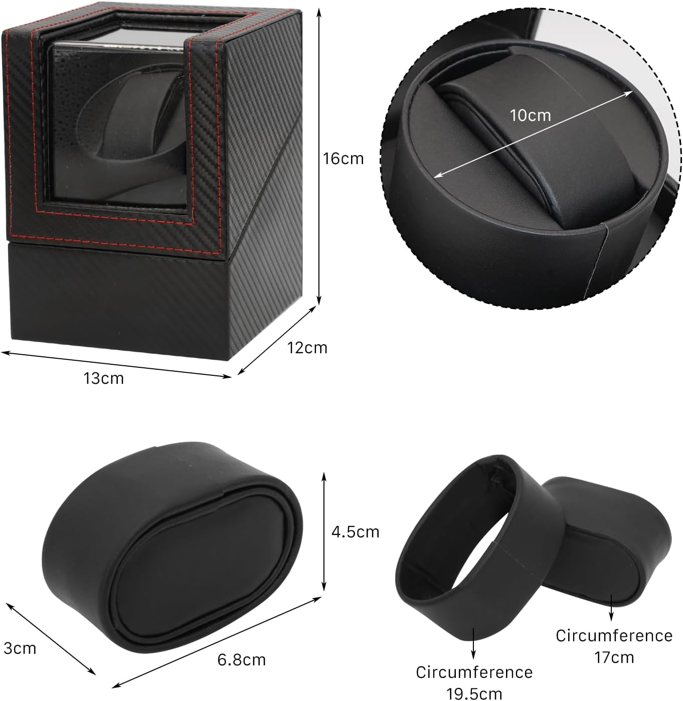 Automatic Single Winder Leather Black Carbon Fiber Watch Box 13x12x14cm NEW