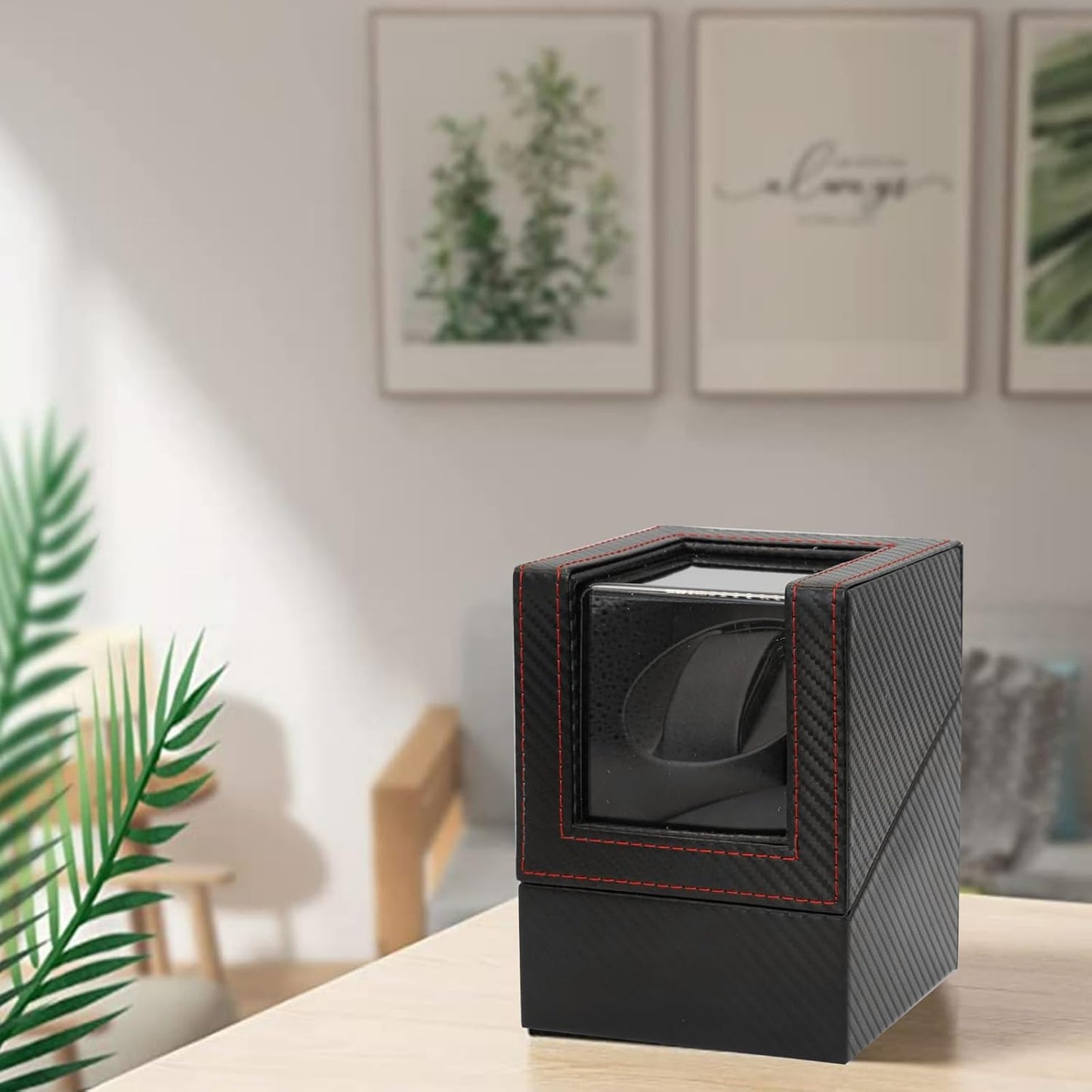Automatic Single Winder Leather Black Carbon Fiber Watch Box 13x12x14cm NEW