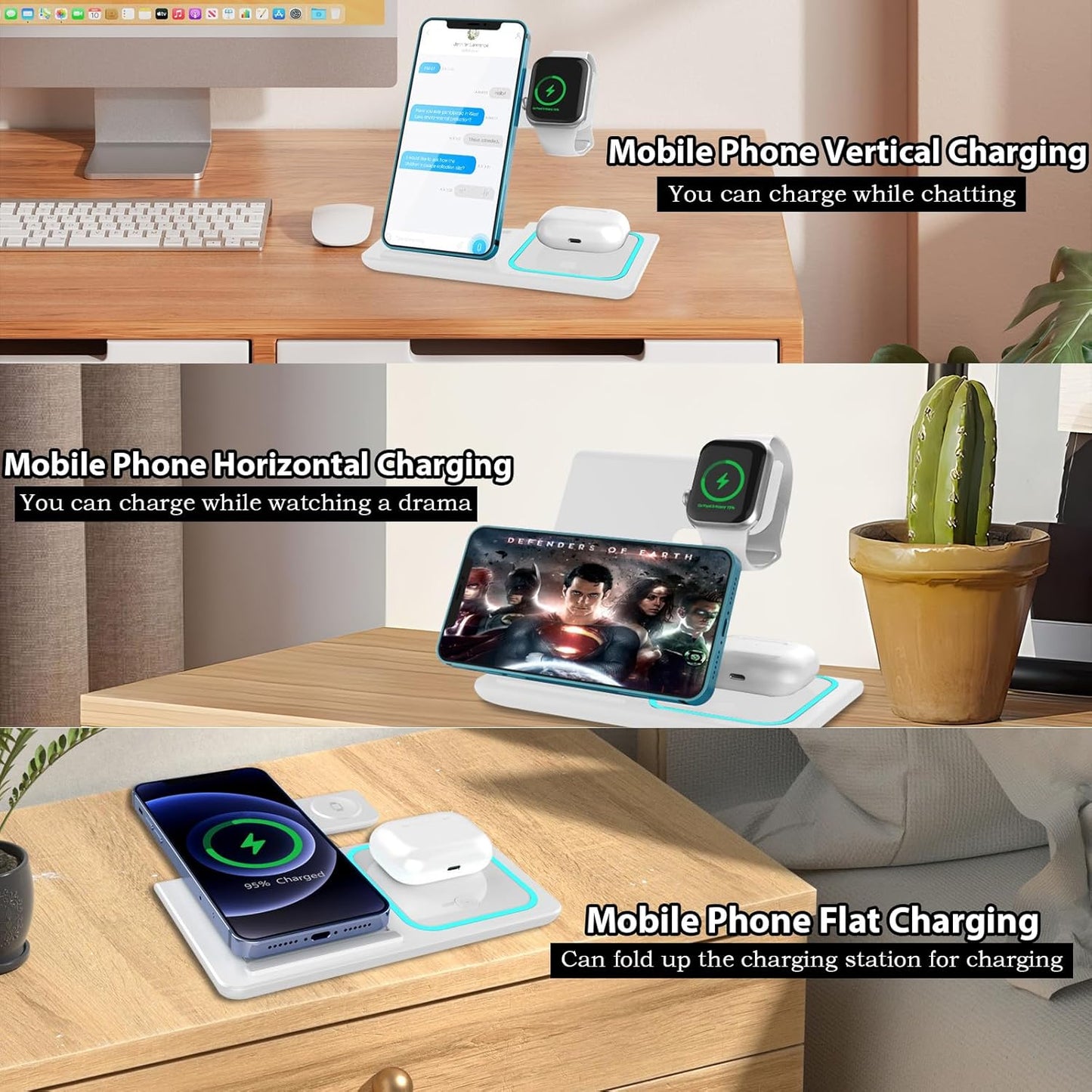 15W Fast Wireless Charging Station Universal 3-in-1 for Mobile Phones DEMO