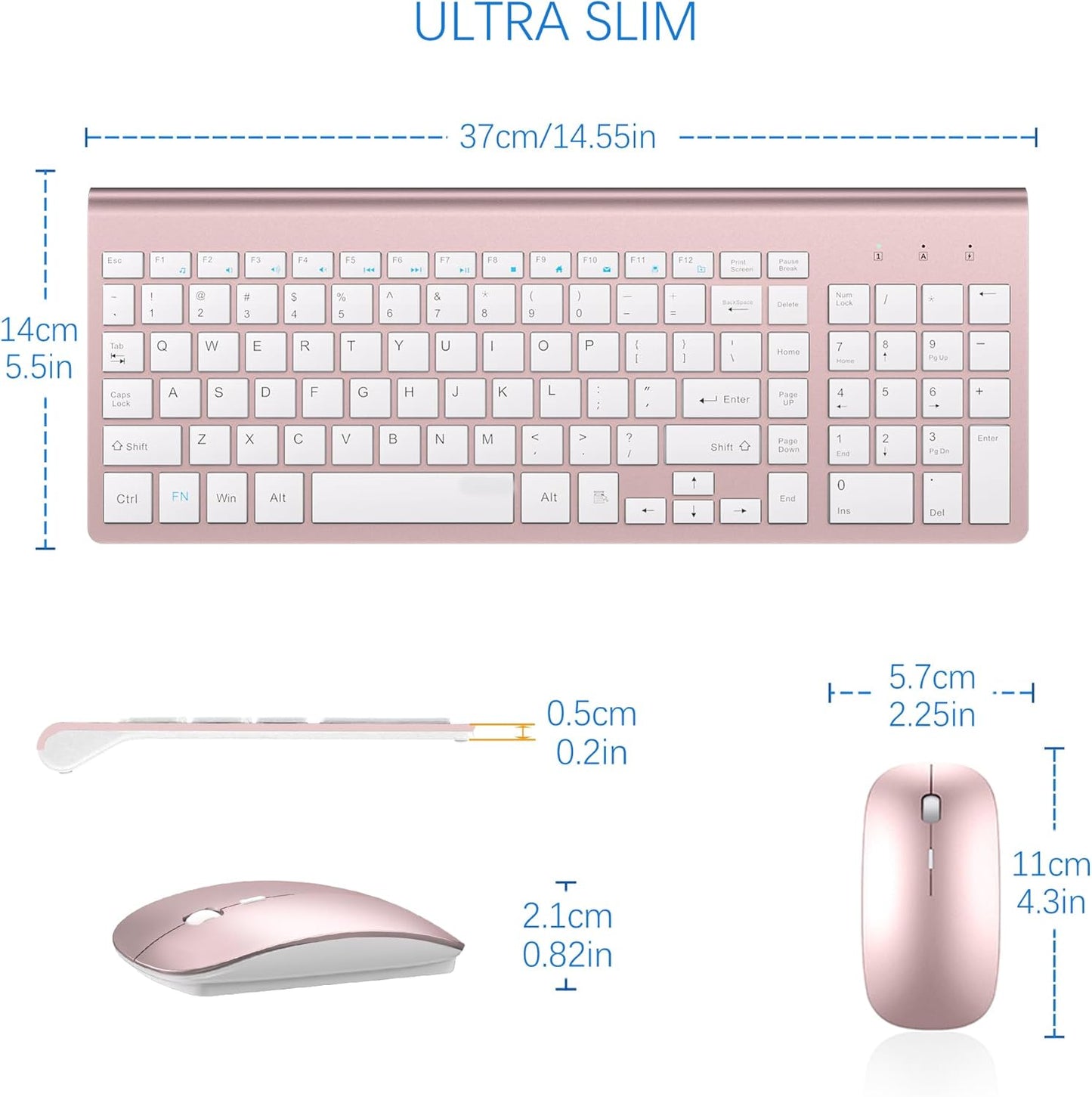 Ultra Slim Wireless Keyboard and Mouse Combo Set in Rose Gold & White NEW