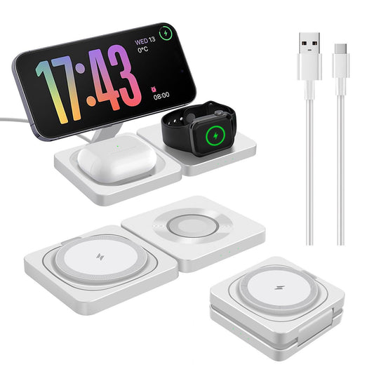 3 in 1 Wireless Charging Station Portable Magnetic Travel Charger in White NEW