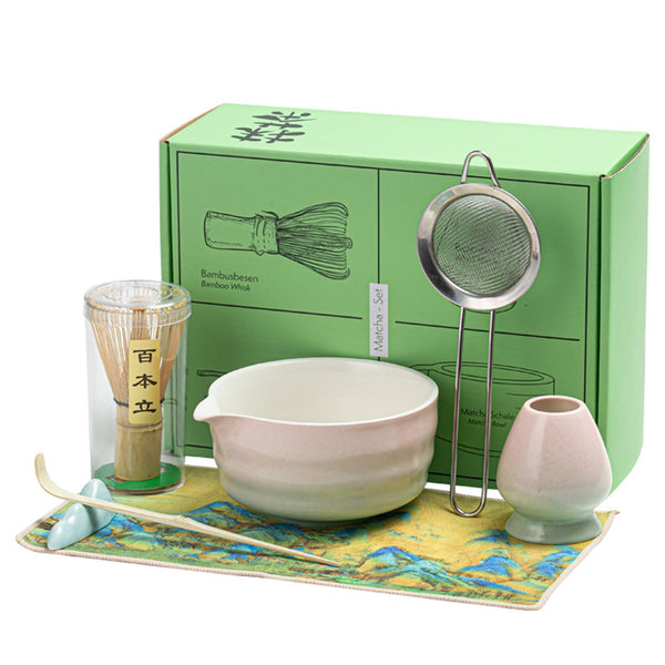 Handcrafted Matcha Bowls Green Pink Bamboo Bowl with Spout and Whisk Set NEW