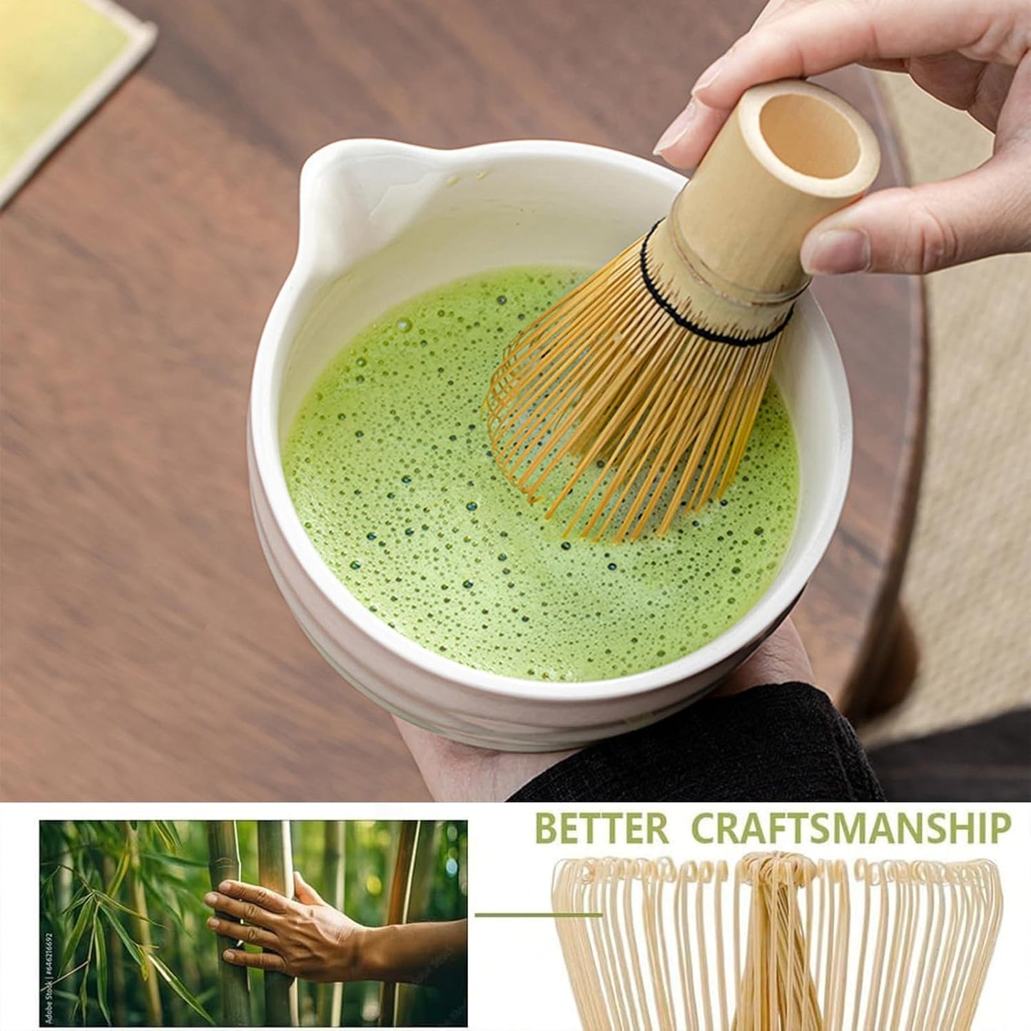 Handcrafted Matcha Bowls Green Pink Bamboo Bowl with Spout and Whisk Set NEW