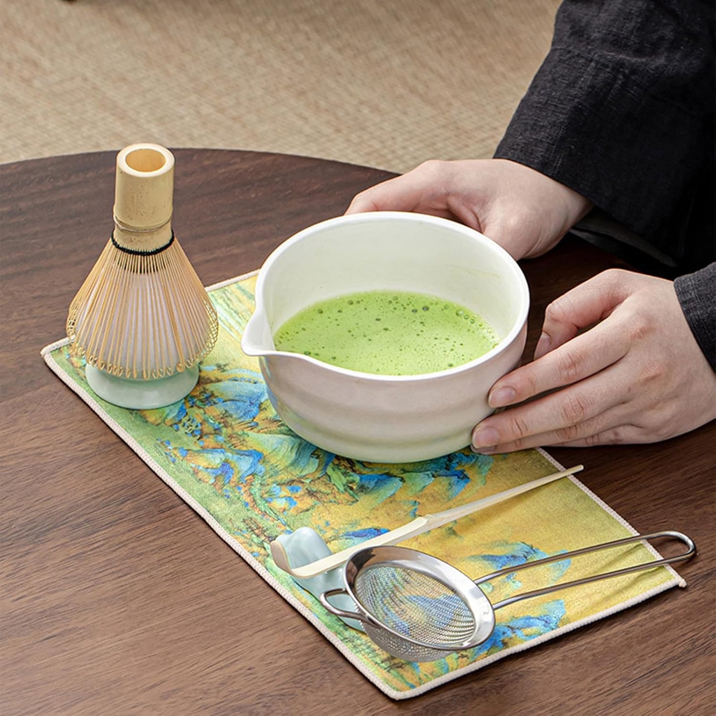 Handcrafted Matcha Bowls Green Pink Bamboo Bowl with Spout and Whisk Set NEW