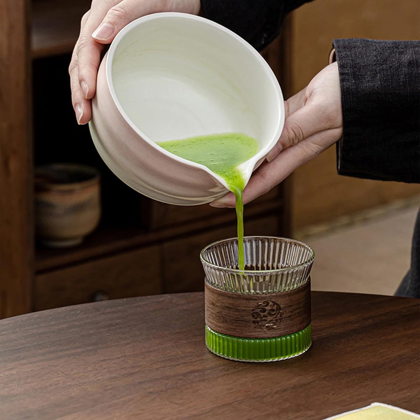 Handcrafted Matcha Bowls Green Pink Bamboo Bowl with Spout and Whisk Set NEW