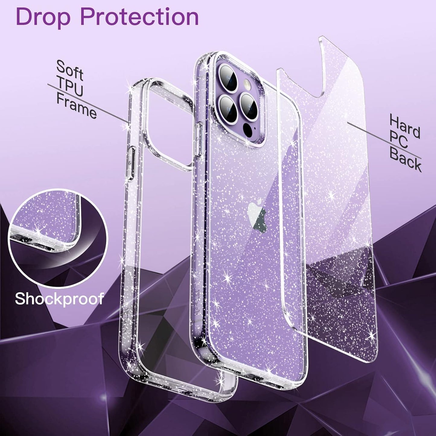 JETech Clear Glitter Shockproof Protective Phone Case for iPhone 14 Pro 6.1" NEW