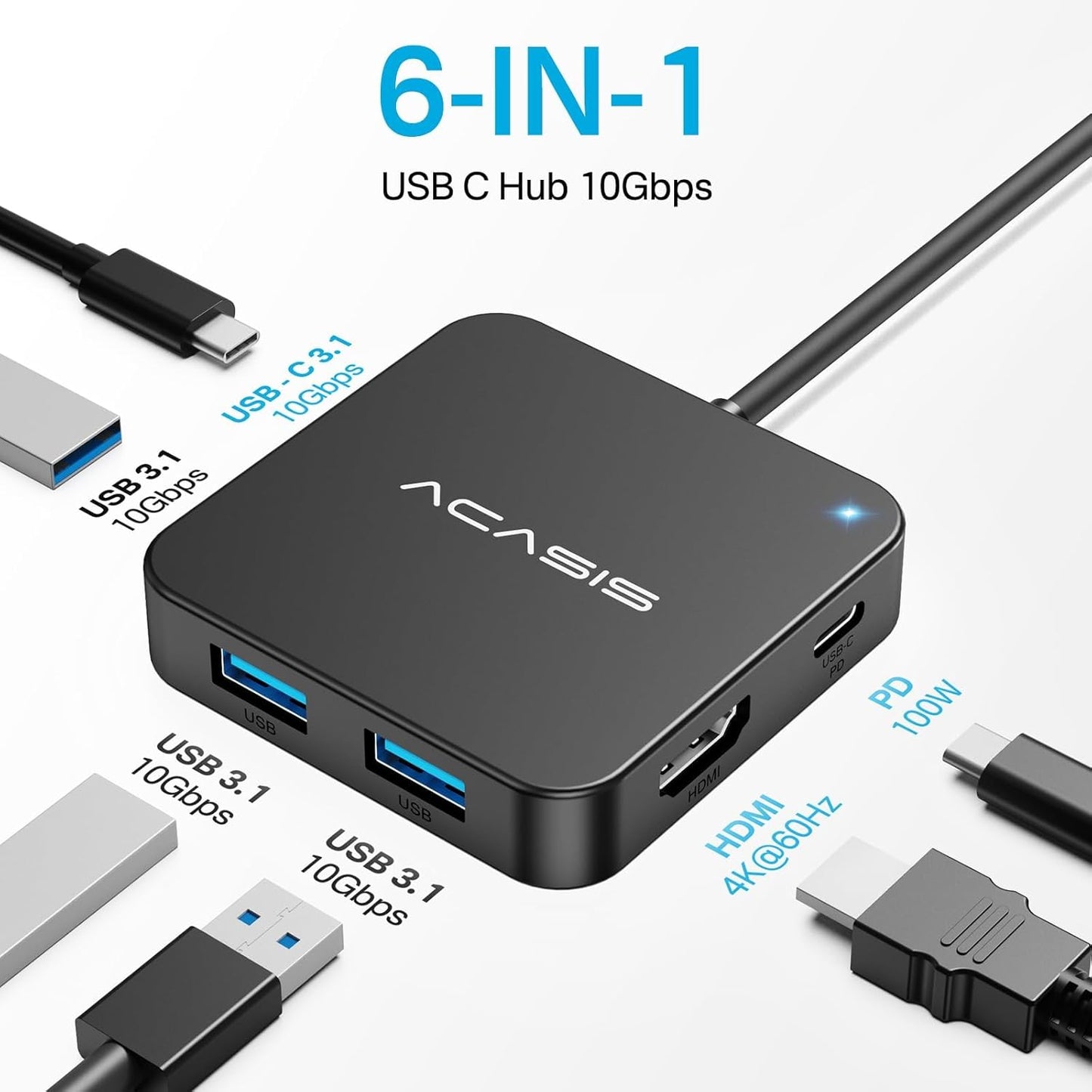 ACASIS 6-in-1 USB Hubs USB-C Hub with 4K HDMI, 100W PD, 10Gbps Data Transfer NEW