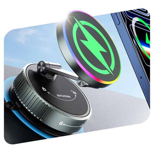360 Degree Rotating Wireless Magnetic Car Charger Cradle 15W Suction Cup DEMO