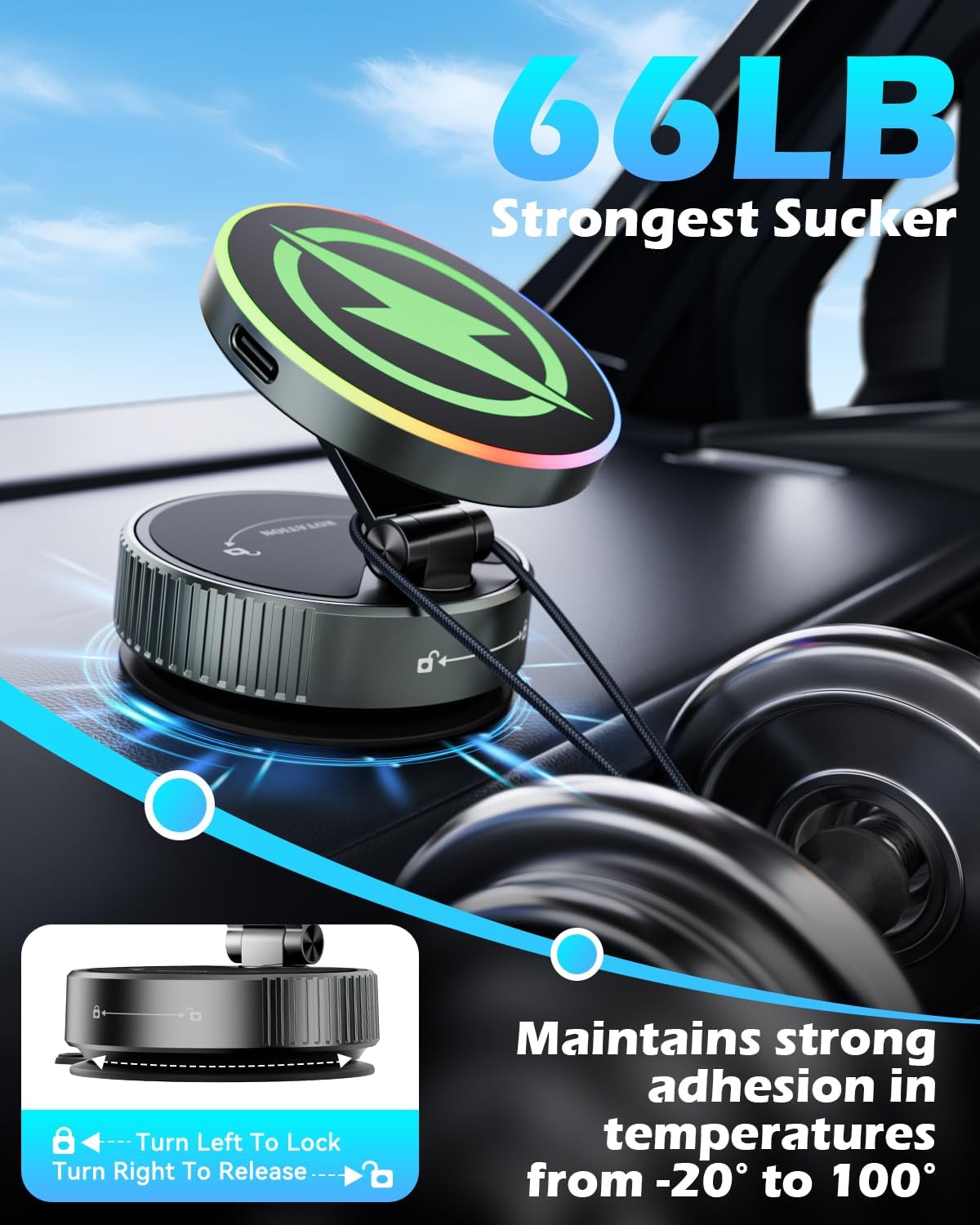 360 Degree Rotating Wireless Magnetic Car Charger Cradle 15W Suction Cup DEMO