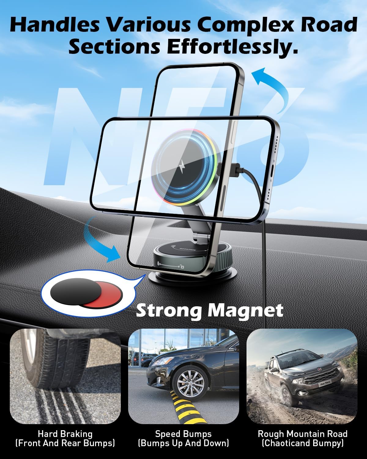 360 Degree Rotating Wireless Magnetic Car Charger Cradle 15W Suction Cup DEMO