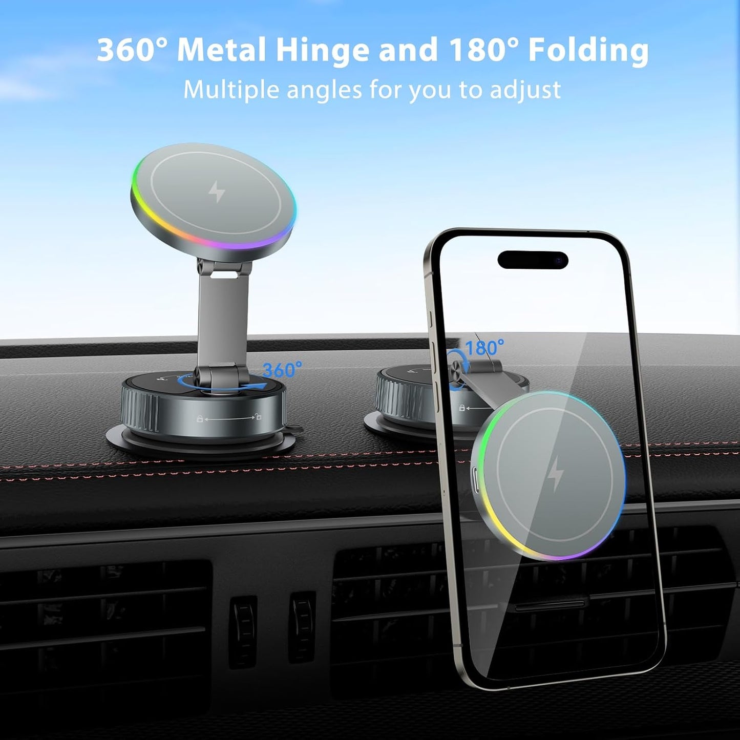 360 Degree Rotating Wireless Magnetic Car Charger Cradle 15W Suction Cup DEMO