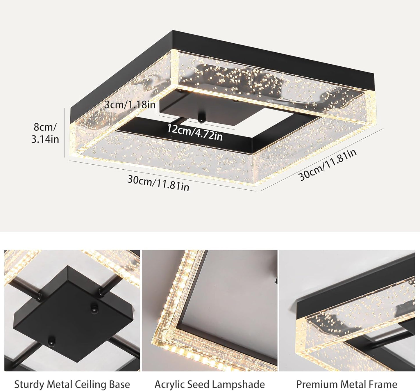 Black Lights Square LED Ceiling Light Flush Mount Acrylic Metal 30x30x7cm NEW