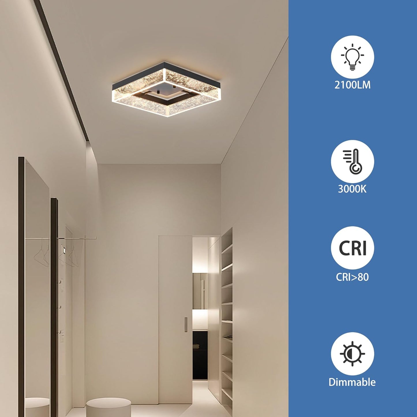Black Lights Square LED Ceiling Light Flush Mount Acrylic Metal 30x30x7cm NEW