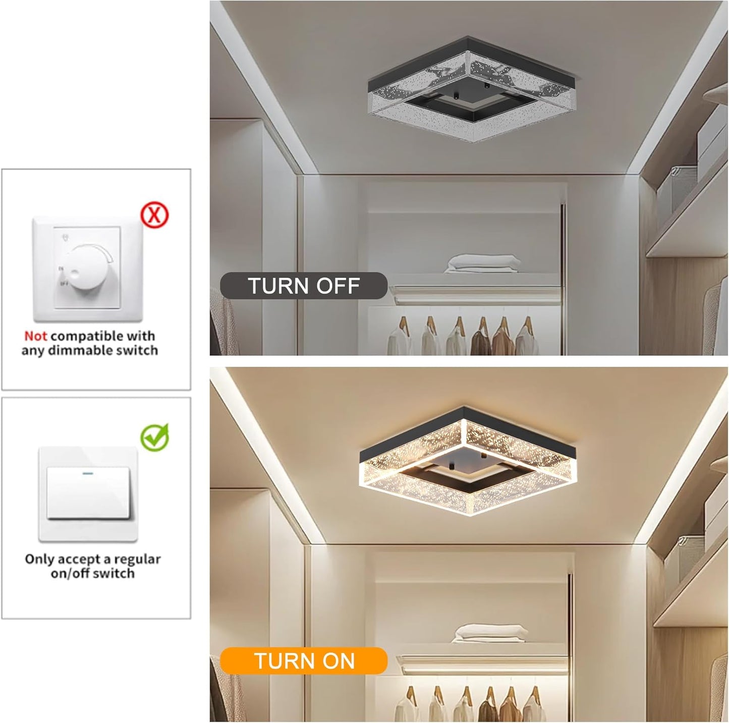 Black Lights Square LED Ceiling Light Flush Mount Acrylic Metal 30x30x7cm NEW