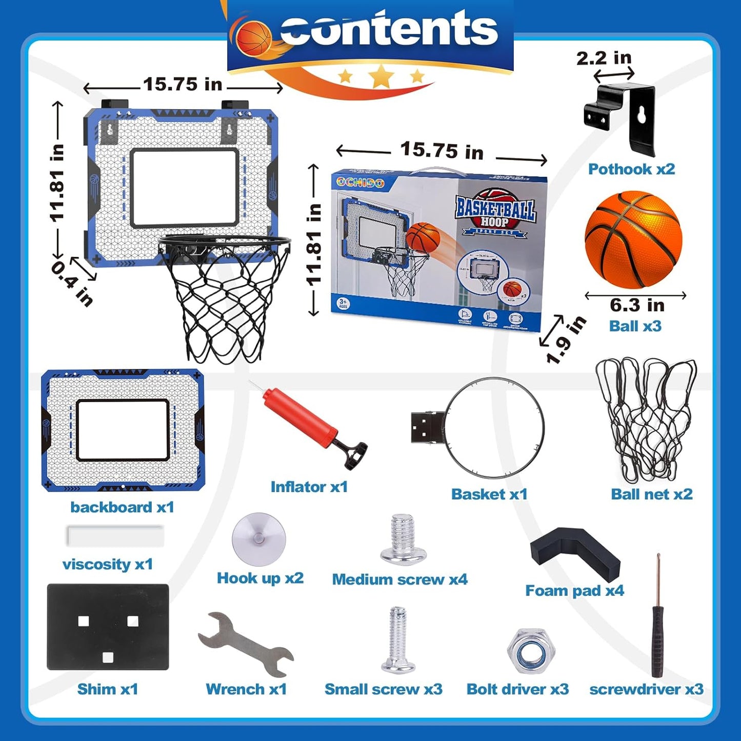 OCHIDO Mini Toys Basketball Hoop for Kids Indoor Door Room with 3 Balls NEW