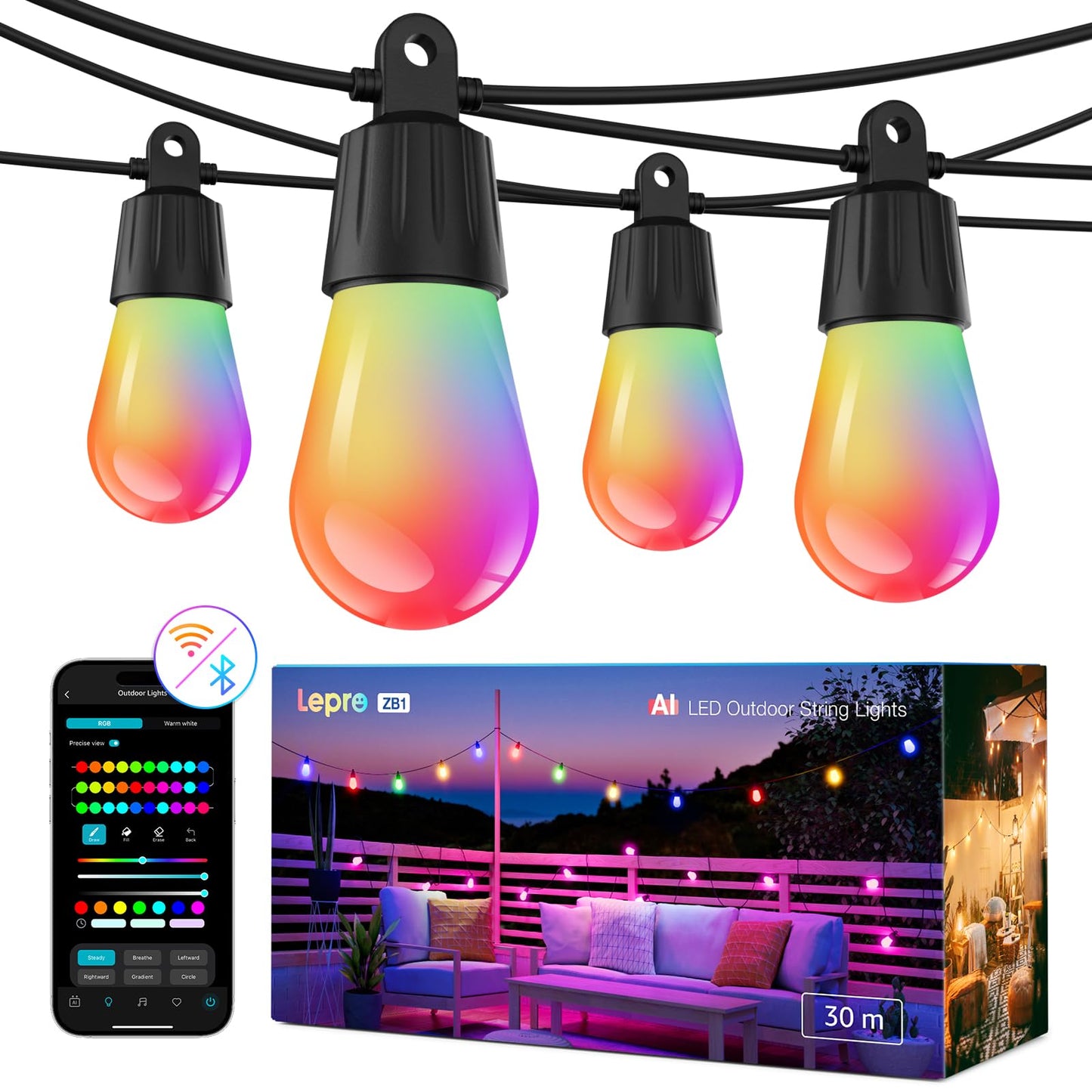 Lepro 30m Outdoor String Lights Dimmable RGB & Warm White Festoon Bulbs DEMO