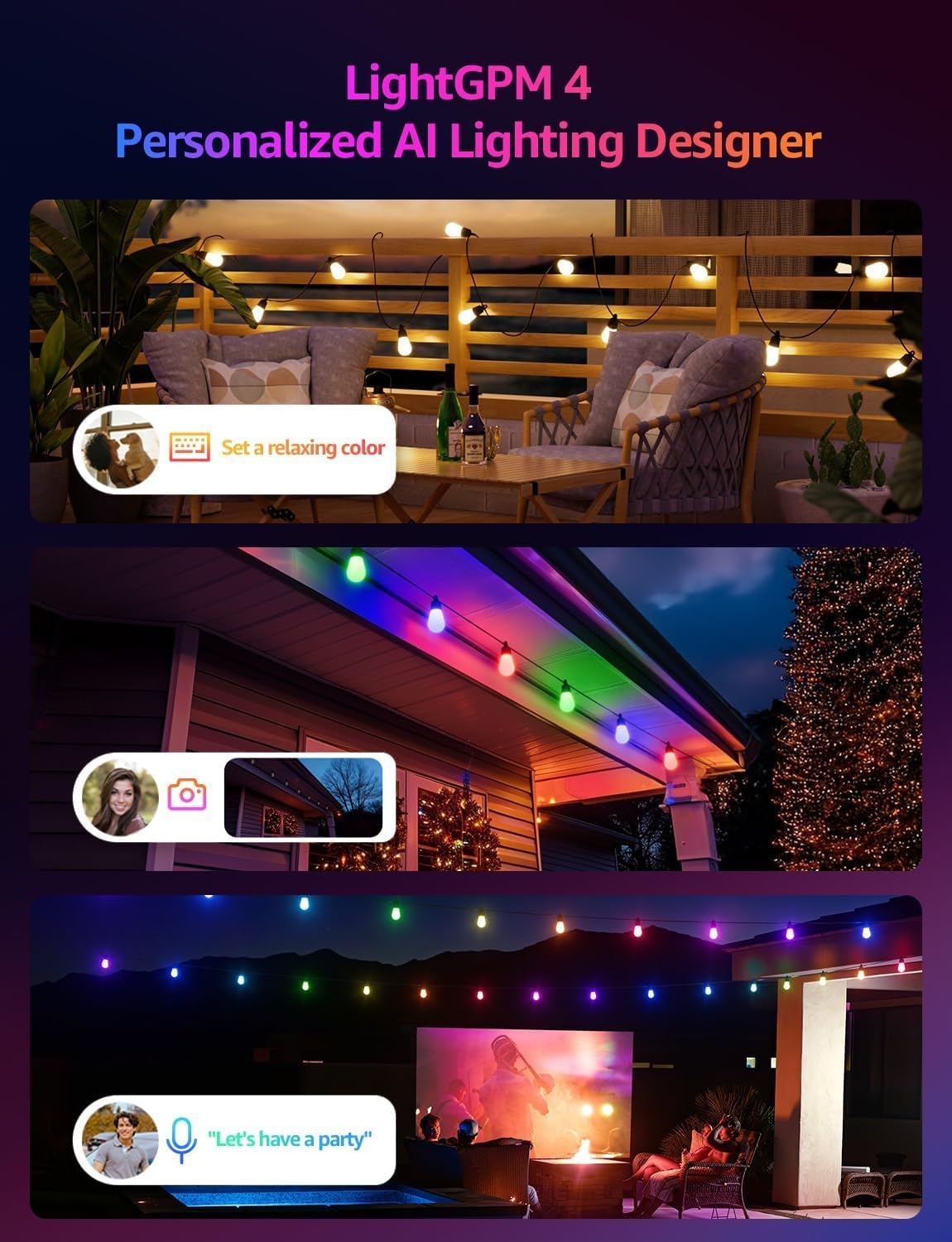 Lepro 30m Outdoor String Lights Dimmable RGB & Warm White Festoon Bulbs DEMO