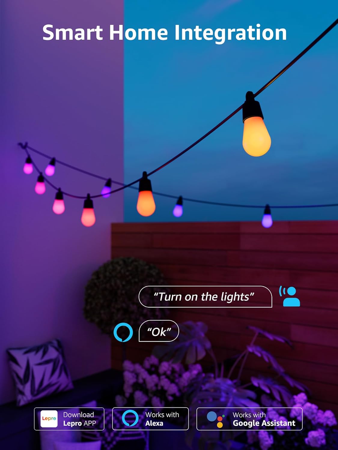 Lepro 30m Outdoor String Lights Dimmable RGB & Warm White Festoon Bulbs DEMO