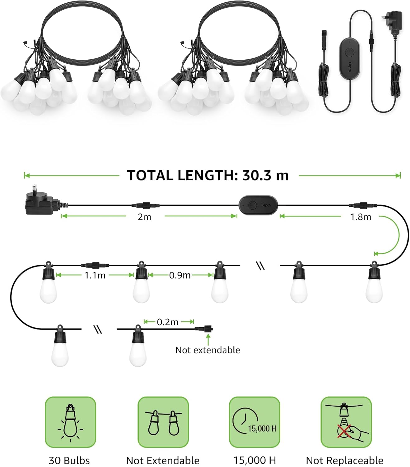 Lepro 30m Outdoor String Lights Dimmable RGB & Warm White Festoon Bulbs DEMO