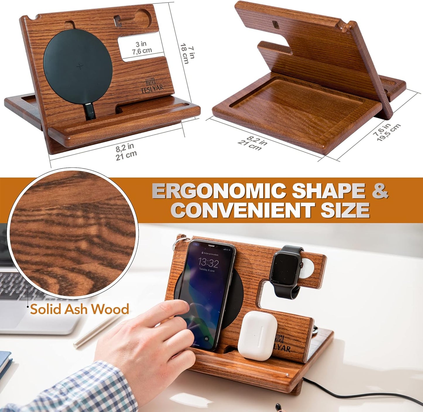 Teslyar Multifunctional Charging Station Organizer Dock Holder Stand Brown NEW