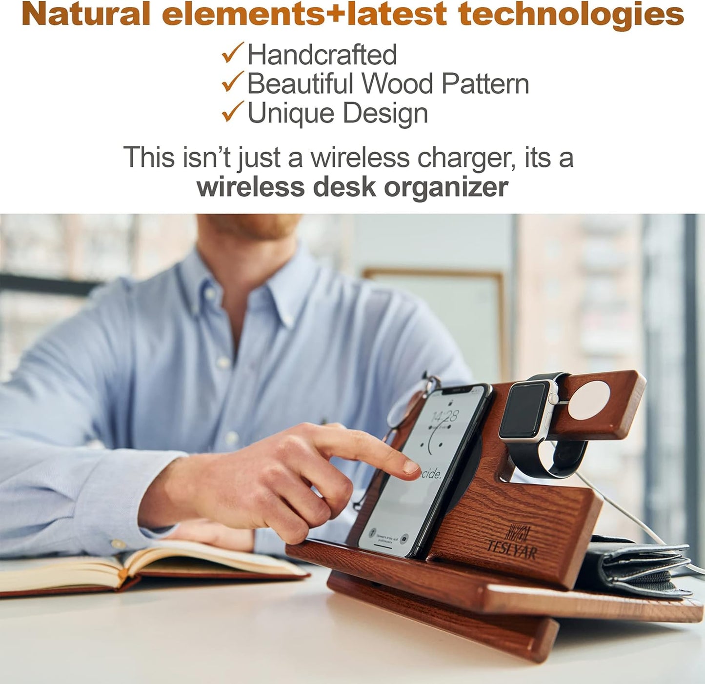 Teslyar Multifunctional Charging Station Organizer Dock Holder Stand Brown NEW